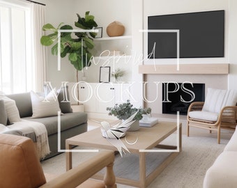 May include: A living room interior with a gray sofa, a wooden coffee table, a wicker chair, and a fireplace. The room is decorated with plants, a large TV, and a white rug.