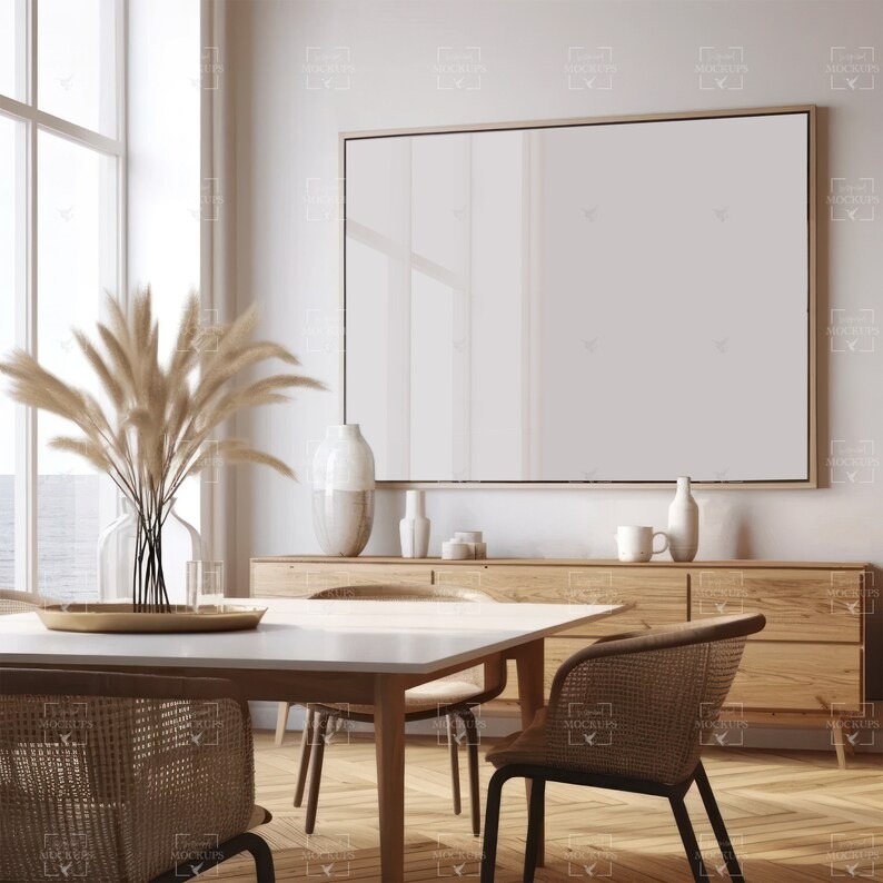 Puede incluir: Una mesa de comedor blanca con cuatro sillas, un cuadro grande enmarcado en la pared y un jarr&oacute;n con hierba de la pampa seca sobre la mesa. Las sillas son de mimbre tejido y tienen un marco de madera natural. La mesa tiene una tapa blanca y una base de madera natural.