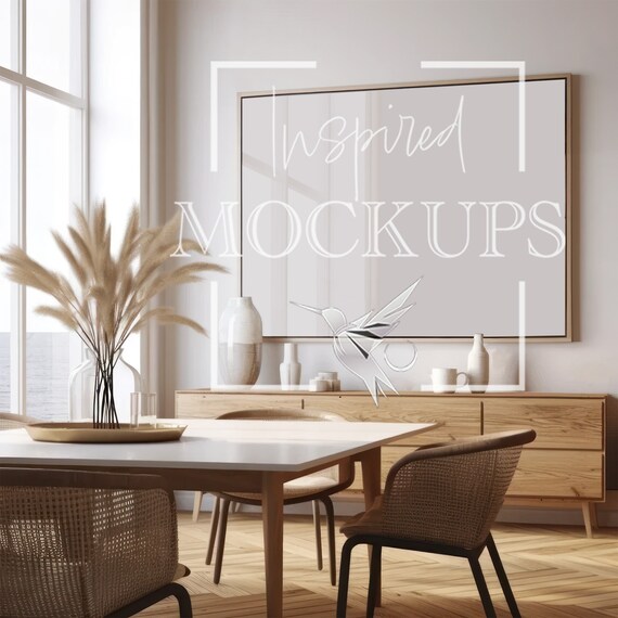Coastal Dining Room Horizontal Frame Mockup with Optional Reflection, Frame Mockup, Poster Mockup, Art Frame Mockup, Interior Mockup, PSD