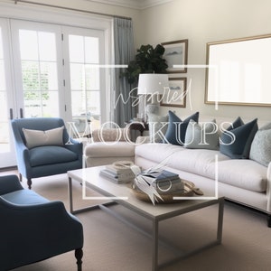 Coastal Living Room Large Frame Mockup with Reflection, Mockup Frame, Poster Mockup, Art Frame Mockup, Digital Frame Mockup, Interior Mockup