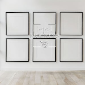 May include: Five black picture frames with white mounts are arranged in a grid on a white wall. The frames are all the same size and are evenly spaced. The wall is a light grey colour and the floor is a light wood colour.