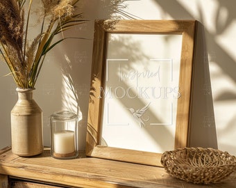 Modern Interior Wood Frame Mockup, Poster Mockup, Wall Art Mockup, Vertical Frame Mockup, Interior Mockup, Smart Object Mockup, 2:3 Ratio