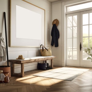 Puede incluir: Un banco de madera con un bolso de paja y una chaqueta negra colgada de un gancho. El banco est&aacute; en un pasillo con un cuadro grande enmarcado en la pared y una puerta que conduce al exterior.