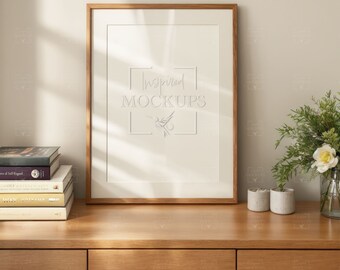 Modern Interior Matted Wood Frame Mockup, Poster Mockup, Wall Art Mockup, Vertical Frame Mockup, Interior Mockup, Smart Object Mockup