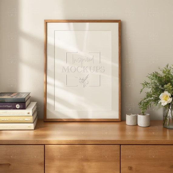 Modern Interior Matted Wood Frame Mockup, Poster Mockup, Wall Art Mockup, Vertical Frame Mockup, Interior Mockup, Smart Object Mockup