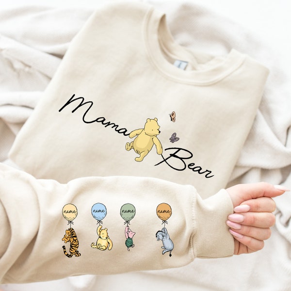 Custom Mama Bear Sweatshirt with Kid Name on Sleeve, Personalized Mama Bear Sweat, Pooh Mommy, New Mom Gift, Mama Sweat,Pooh Mama Bear Sweat