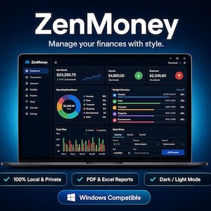 May include: A laptop screen displays the "ZenMoney" financial management software interface. The dark-themed dashboard shows net worth, income, expenses, and spending breakdowns. The software offers PDF & Excel reports, dark/light mode, and is Windows compatible.