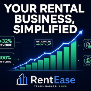 May include: A graphic with the text "YOUR RENTAL BUSINESS, SIMPLIFIED." It features a rising graph with a blue line and green bars, along with icons indicating +32% revenue, 100% offline, PDF & Excel export, and multi-language support. The RentEase logo is at the bottom.