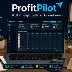 May include: A laptop screen shows the ProfitPilot dashboard, a profit and margin tool for small sellers. The display shows product profit overview and financial data. Other items include a calculator, notepad, and small business supplies.