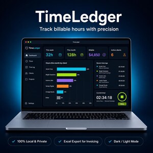 May include: A laptop screen showing the TimeLedger interface, designed for tracking billable hours. The display shows a dashboard with time tracking data, including hours, billable amounts, and client information. The text on the screen reads "Track billable hours with precision."