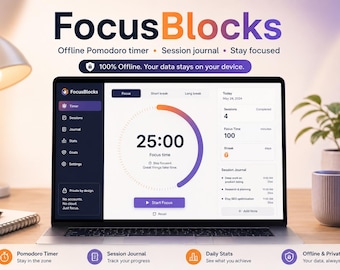 FocusBlocks | Pomodoro Timer Windows | Offline Focus App | Productivity Digital Download