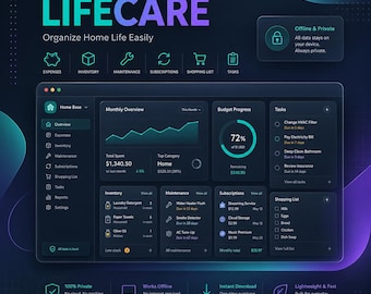 LifeCare • Windows Desktop Home Organizer App — Budget, Inventory, Shopping, Tasks (Local Storage)