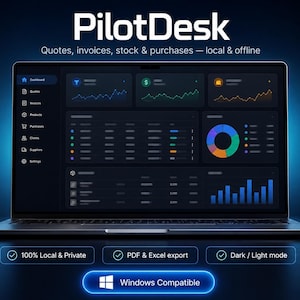 Peut inclure: Un ordinateur portable affiche l'interface du logiciel PilotDesk, avec des graphiques de données et un tableau de bord. Le logiciel est annoncé comme local et privé, avec des capacités d'exportation PDF et Excel, et un mode clair/sombre. Il est compatible avec Windows.