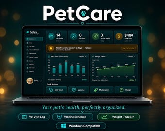 PetCare — Pet Health Tracker for Windows | Vet Visit Log + Vaccine Schedule + Medication + Weight Chart