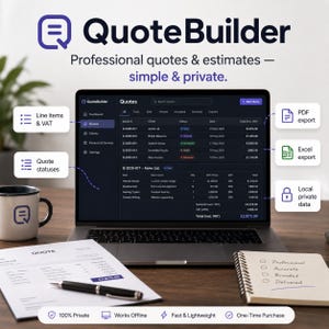 Peut inclure: Un ordinateur portable affichant l'interface du logiciel QuoteBuilder, avec un document de devis et un stylo au premier plan. Une tasse à café, un bloc-notes et des icônes d'exportation PDF et Excel sont également visibles.