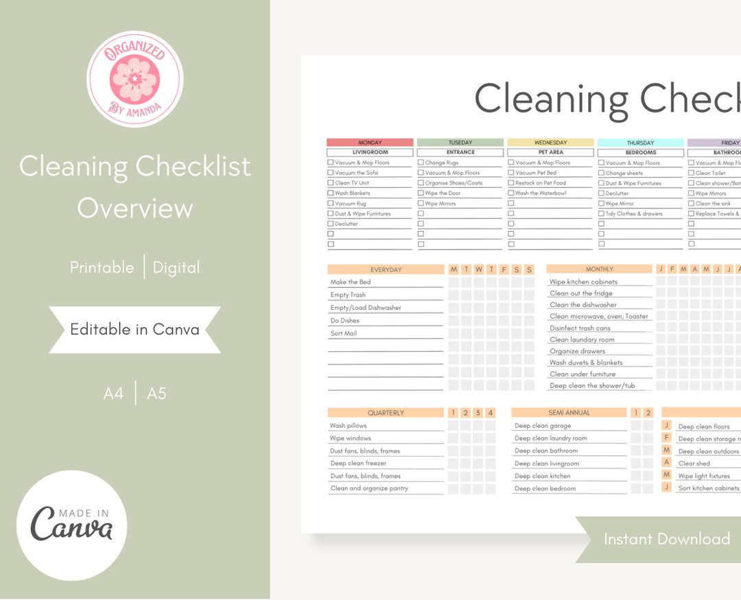 Cleaning Checklist Overview Cleaning Schedule Editable - Etsy