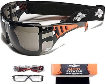 ToolFreak Safety Glasses Smoke Lens Wraparound with Headstrap and Hard Case