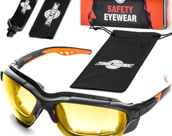 ToolFreak Safety Glasses Yellow Lens Foam Padded with Headstrap and Pouch
