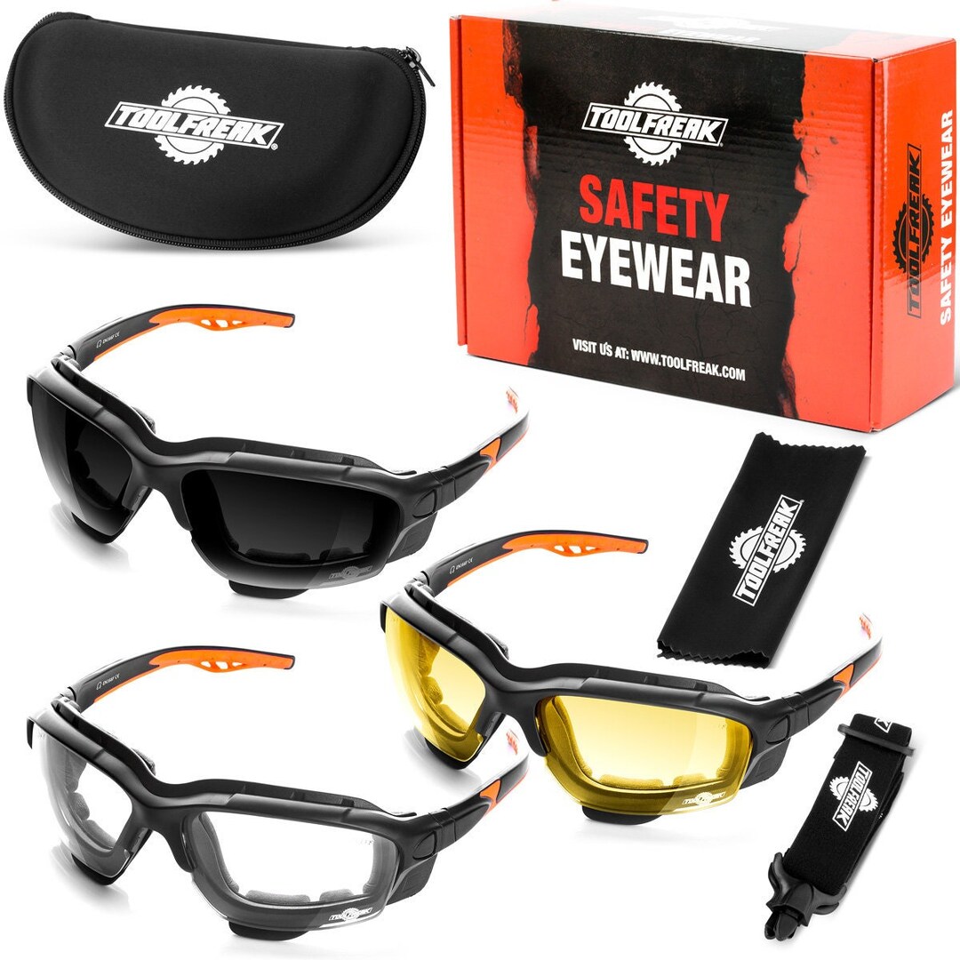 Toolfreak Safety Glasses Clear Smoke Yellow Lens Bundle Foam Padded