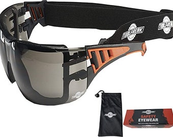 ToolFreak Safety Glasses Smoke Lens Wraparound with Headstrap and Carry Pouch