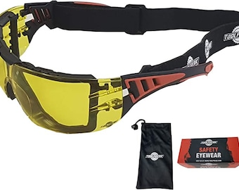ToolFreak Safety Glasses Yellow Lens Wraparound Rated to EN166FT with Headstrap and Carry Pouch