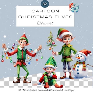 Set di clipart PNG di elfi dei cartoni animati di Natale / Decorazioni festive degli elfi acquerellate per le vacanze / Elfi carini e divertenti / Uso commerciale