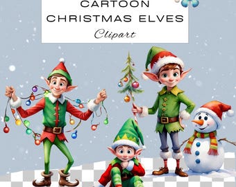 Christmas Cartoon Elf Clipart PNG Bundle  | Watercolour Festive Elves| Classroom | Junk Journal Scrapbook | Gifts Cards | Commercial Use