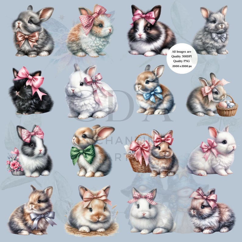Bunny With Coquette Bow Clipart PNG Bundle | Cute Watercolour Bunnies ...