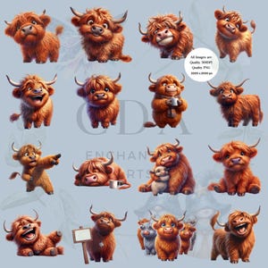 Funny Highland Cow Clipart PNG Bundle | Cute Highland Cows | Junk Journal Scrapbooking | Quirky Animals | Commercial Use