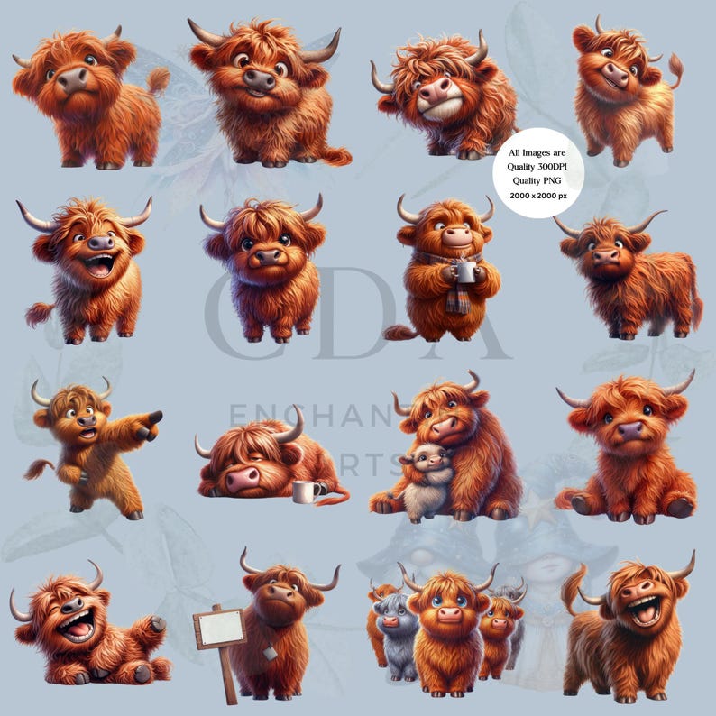 Funny Highland Cow Clipart PNG Bundle | Cute Highland Cows | Junk Journal Scrapbooking | Quirky Animals | Commercial Use