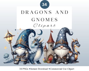 May include: A set of 34 digital clipart images featuring gnomes and dragons. The gnomes are wearing blue and gold armor and hats with stars. The dragons are blue and have wings. The images are perfect for crafting, scrapbooking, and other creative projects.