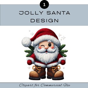 May include: A cartoon illustration of Santa Claus winking, wearing a red hat and suit with white trim, brown boots, and a white beard. The image includes the text "JOLLY SANTA DESIGN" and "Clipart for Commercial Use".