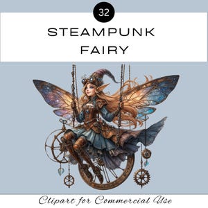 May include: A steampunk fairy with iridescent wings sits on a swing made of gears and cogs. The fairy is wearing a brown and blue dress with goggles and a hat. The background is a light blue.