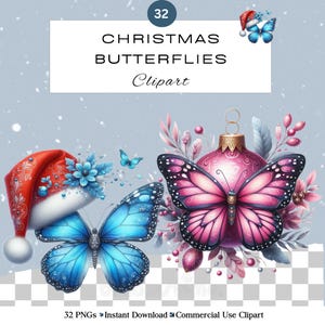 Weihnachten Schmetterling Clipart PNG Set | Urlaub Aquarell Festliche Schmetterling Dekorationen | Lustige niedliche Schmetterlinge in Weihnachtsmütze | Kommerzielle Nutzung