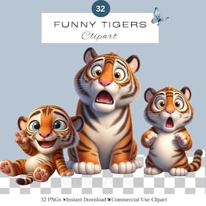 Divertido tigre PNG / lindo paquete de imágenes prediseñadas de cachorro de tigre / animales de safari bebé para uso de scrapbooking en la guardería / sublimación de tigre bebé / uso comercial