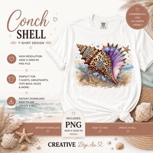 Leopard Conch Shell PNG | Coastal Glam Digital Download | Sparkly Beach Clipart | Rhinestone Seashell Shirt Sublimation Design | Ocean Lover