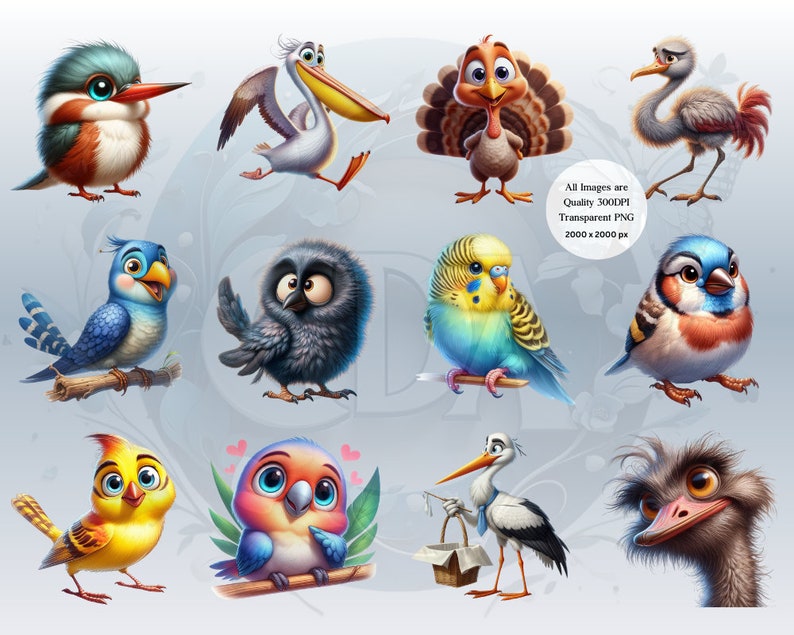 Funny Bird Clipart Bundle | Whimsical Cute Bird PNGs for DIY Projects | Instant Download | Commercial Use | Quirky Birds