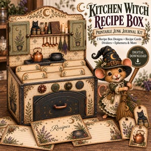 Pode incluir: Um kit de diário criativo Kitchen Witch Recipe Box para imprimir, com uma caixa decorativa em forma de fogão, uma figura de rato com chapéu de bruxa e vassoura, cartões de receitas e etiquetas com motivos de lavanda e gatos.