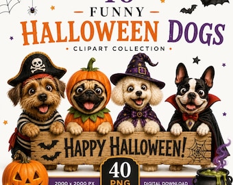 Lustige Halloween-Hunde-PNG-Cliparts | Niedlicher, gruseliger Hund | 300 dpi | Sofortiger digitaler Download | Kommerzielle Nutzung