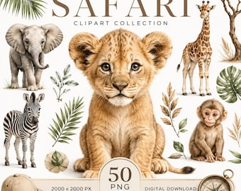 Safari-Tier-Clipart-Paket | Aquarell-PNG | 300 dpi | Sofortiger digitaler Download | Kommerzielle Nutzung