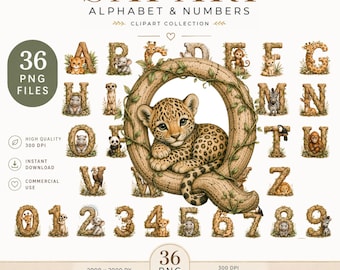Safari-Tieralphabet & Zahlen-Bundle | A–Z 0–9 Aquarell PNG | 300 DPI | 2000 x 2000 px | Sofortiger digitaler Download | Kommerzielle Nutzung