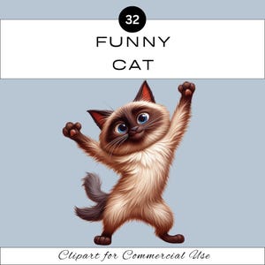 Peut inclure: Une illustration de dessin animé d'un chat brun et blanc avec des yeux bleus, debout sur ses pattes arrière, les bras levés en l'air. Le chat sourit et a une expression espiègle. L'arrière-plan est de couleur bleu clair.