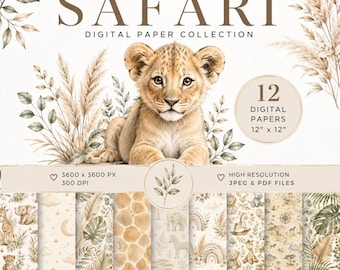 Nahtloses digitales Papier-Bundle mit Safari-Tiermotiven | 12 druckbare Papiere | 30,5 x 30,5 cm | PDF & JPG | Sofortiger digitaler Download | Kommerzielle Nutzung