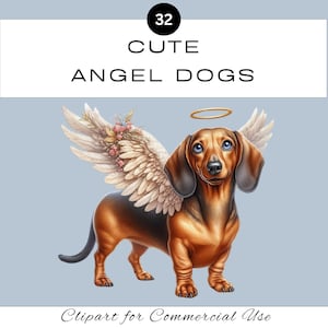 May include: A digital illustration of a dachshund dog with angel wings and a halo. The dog is brown and tan with blue eyes. The text above the dog reads "CUTE ANGEL DOGS". The image is on a light blue background.