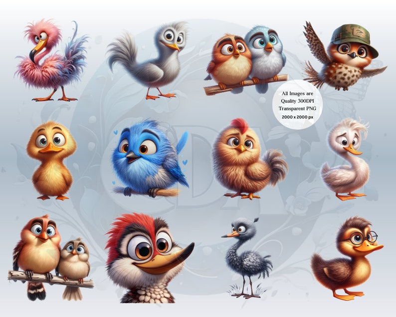Funny Bird Clipart Bundle | Whimsical Cute Bird PNGs for DIY Projects | Instant Download | Commercial Use | Quirky Birds