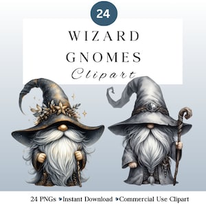 Może przedstawiać: Zestaw 24 cyfrowych obrazów clipart przedstawiających dwóch czarodziejskich gnomów. Gnomy noszą spiczaste czapki z złotymi akcentami i długie brody. Jeden gnom trzyma laskę, a drugi książkę. Gnomy stoją na jasnoniebieskim tle.