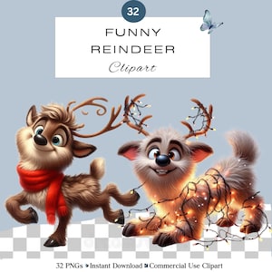 Set di clipart PNG di renne divertenti / Decorazioni natalizie con renne ad acquerello / Divertenti, carine e stravaganti / Uso commerciale
