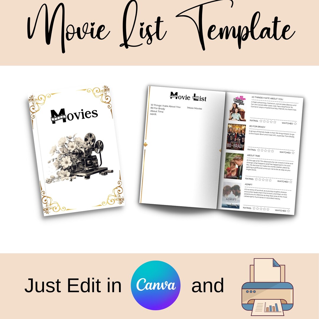 Movie List Template A4 &amp; US Letter Track Movies Watched - Etsy UK
