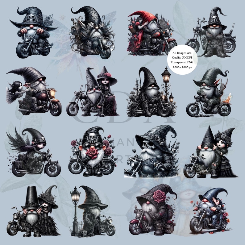 Gothic Biker Gnome PNG Clipart Bundle | Watercolor Motorbike Motorcycle Sublimation | Junk Journal Scrapbook | Commercial Use