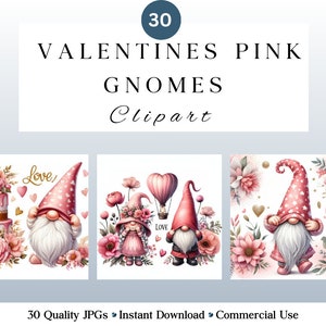 30 Pink Valentine Gnomes  Clipart JPG | Romantic Gnomes | Watercolour Gnomes | DIY and Creators | Commercial Use